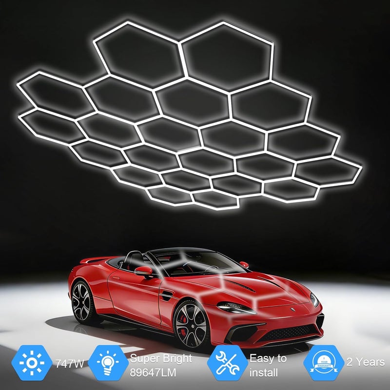 Modern أضواء جراج LED سداسية 22-شبكة، 89640 لومن 6500K، تصميم خلية نحل مثمن للجراج، ورشة العمل، الصالة الرياضية والمخزن (83-عبوة، أبيض) - Image 2